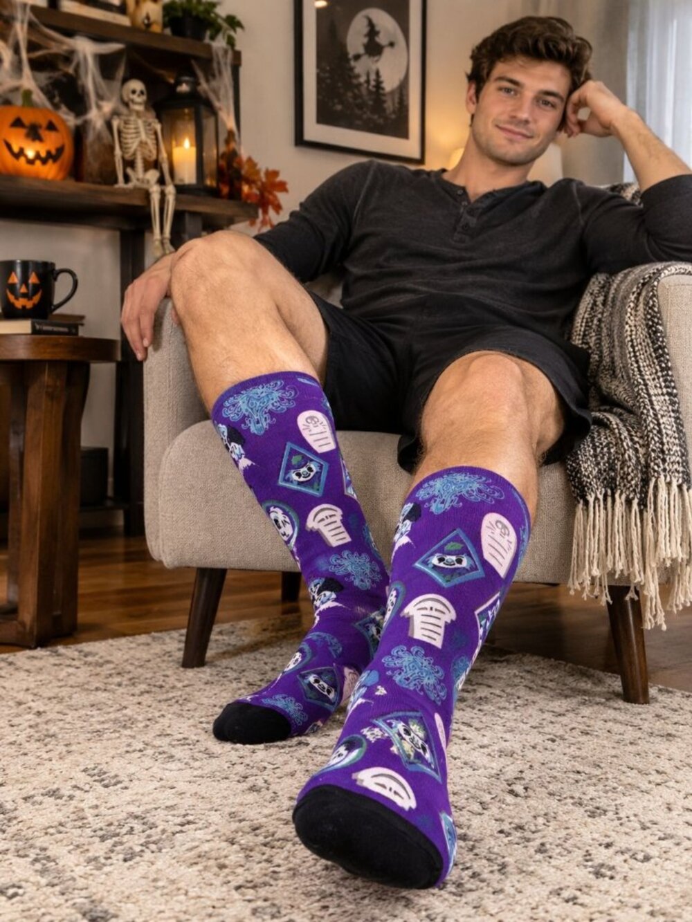 Mens Crew Socks Mansion Halloween Haunted Gravestones Ghosts Chandeliers Purple